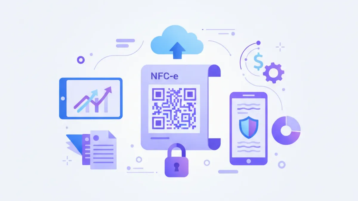 Ilustração vetorial de NFC-e com QR Code e ícones de nuvem e cadeado