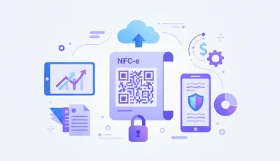 Ilustração vetorial de NFC-e com QR Code e ícones de nuvem e cadeado