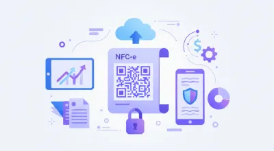 Ilustração vetorial de NFC-e com QR Code e ícones de nuvem e cadeado