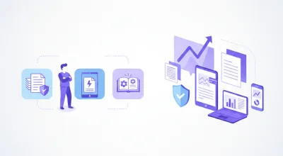 Ilustración vectorial de obligaciones empresariales en Uruguay: íconos de impuestos, factura electrónica, contabilidad y trabajo en paleta violeta y azul