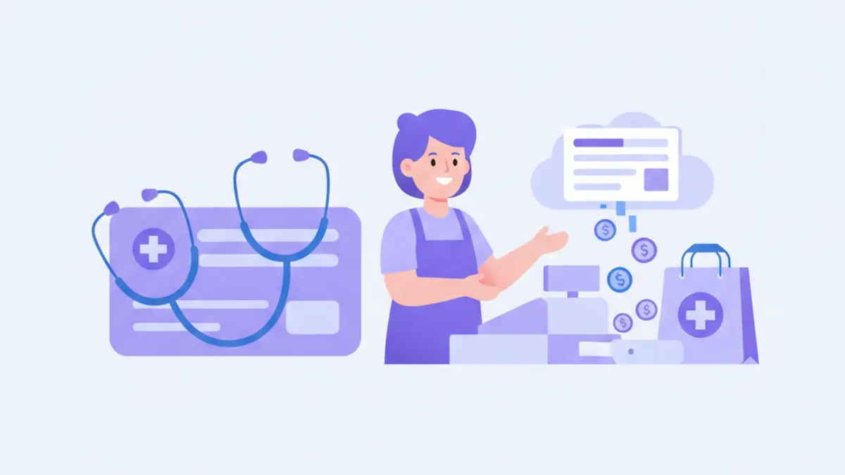 Ilustración de una empleada de comercio junto a la caja registradora, con una credencial de obra social y un estetoscopio