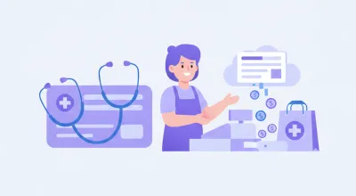 Ilustración de una empleada de comercio junto a la caja registradora, con una credencial de obra social y un estetoscopio