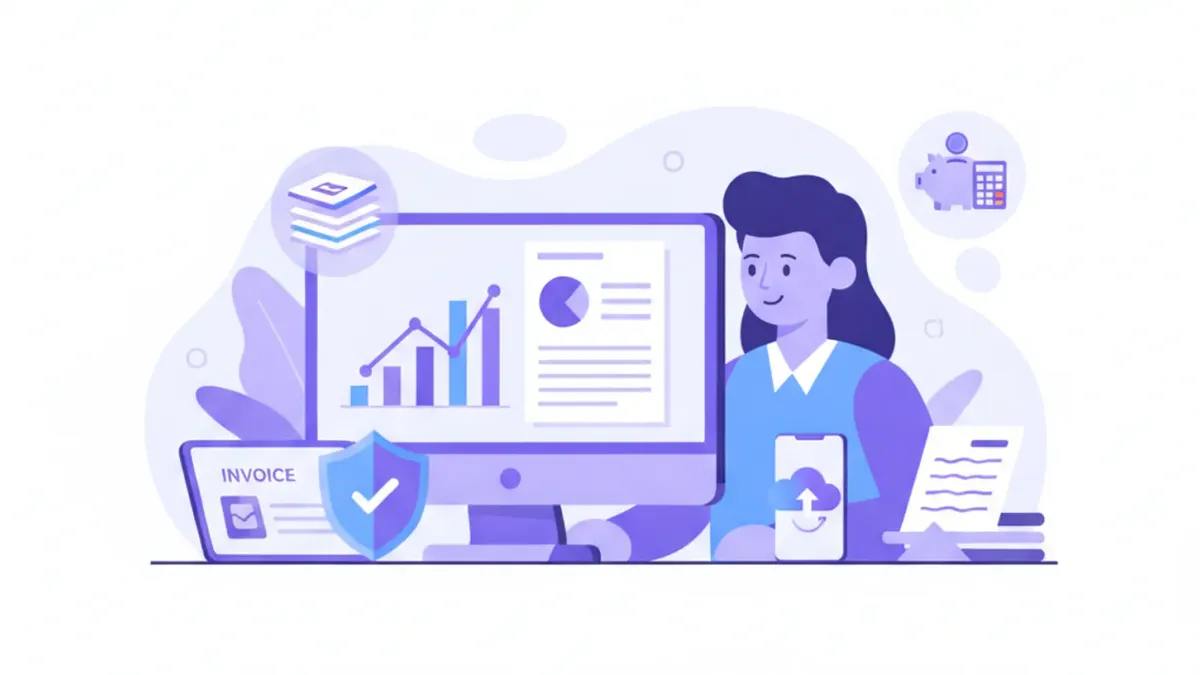 Ilustración vectorial de una persona revisando su declaración de renta en una computadora