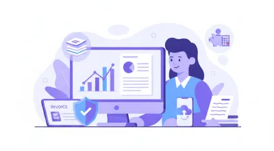 Ilustración vectorial de una persona revisando su declaración de renta en una computadora