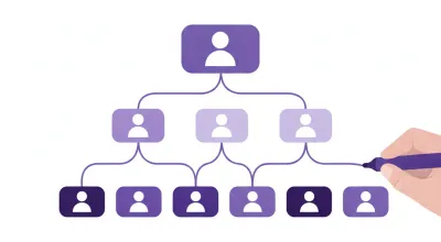 Organigrama de tres niveles con cajas conectadas, cada una con el ícono de una persona, y una mano dibujando una línea con un marcador