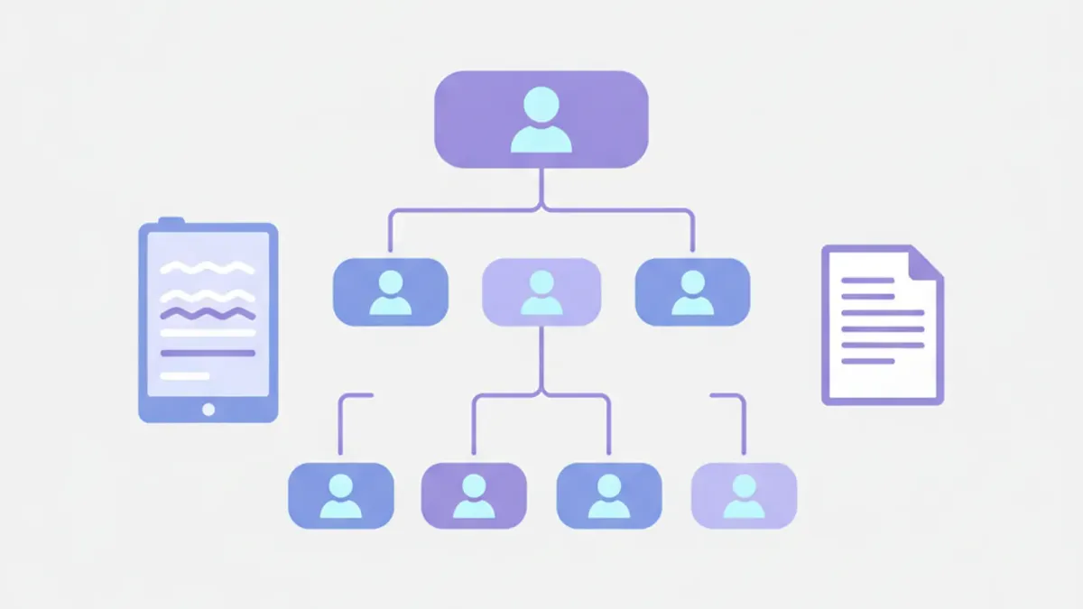 Organigrama de una empresa dibujado como un árbol de cuadros conectados: un cuadro superior, tres cuadros intermedios y cuatro cuadros inferiores con siluetas de personas, junto a una tableta y una hoja de documento