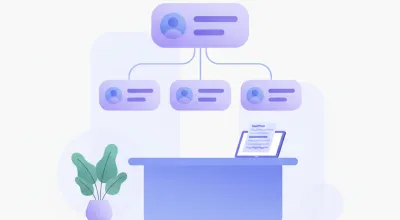 Ilustración de un organigrama con una caja superior conectada por líneas a tres cajas debajo, con un escritorio, una planta y una tableta en primer plano