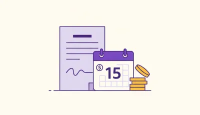 Pagaré con línea de firma, calendario de vencimiento y monedas apiladas