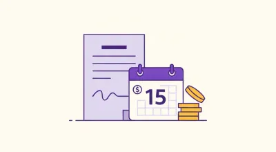 Pagaré con línea de firma, calendario de vencimiento y monedas apiladas