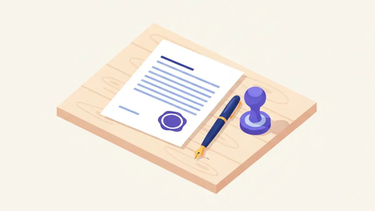 Ilustración de un documento firmado con un sello y una lapicera sobre un escritorio