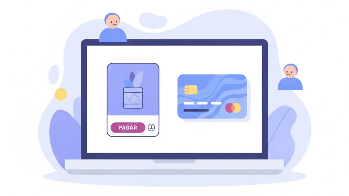 Ilustración de una tienda online en una laptop con un botón de pago y una tarjeta