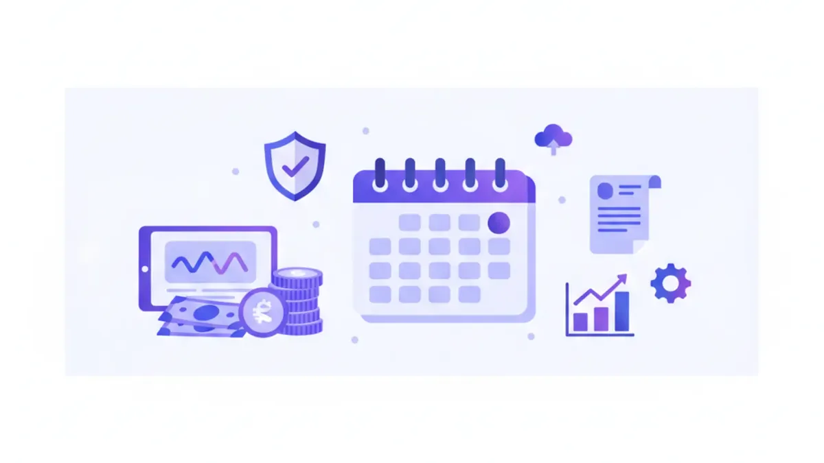 Ilustración vectorial de calendario fiscal con monedas de peso mexicano, documentos CFDI y el logo del SAT en tonos violeta y azul