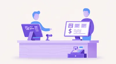Ilustración de un mostrador de comercio con dos monitores: uno para el vendedor y un segundo monitor customer display frente al cliente mostrando los productos y el total de la venta