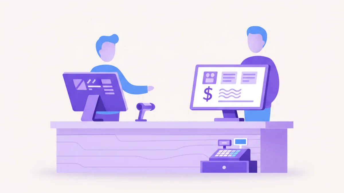 Ilustración de un mostrador de comercio con dos monitores: uno para el vendedor y un segundo monitor customer display frente al cliente mostrando los productos y el total de la venta