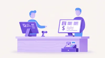 Ilustración de un mostrador de comercio con dos monitores: uno para el vendedor y un segundo monitor customer display frente al cliente mostrando los productos y el total de la venta
