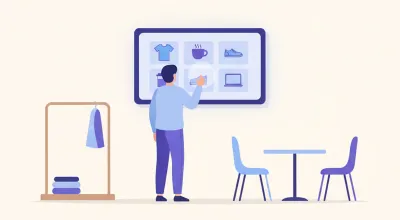 Ilustración de una pantalla táctil interactiva montada en la pared de un local, con un cliente tocando el catálogo de productos en la pantalla