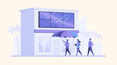 Ilustración de una pantalla LED modular instalada en la fachada de un local, vista desde la vereda con peatones leyendo el cartel a distancia