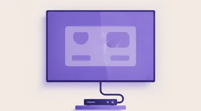 Ilustración de una pantalla publicitaria colgada en la pared de un comercio mostrando ofertas, con un reproductor conectado por HDMI