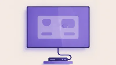 Ilustración de una pantalla publicitaria colgada en la pared de un comercio mostrando ofertas, con un reproductor conectado por HDMI
