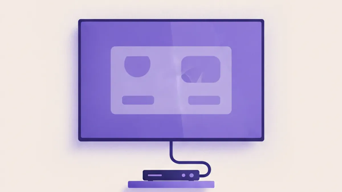 Ilustración de una pantalla publicitaria colgada en la pared de un comercio mostrando ofertas, con un reproductor conectado por HDMI