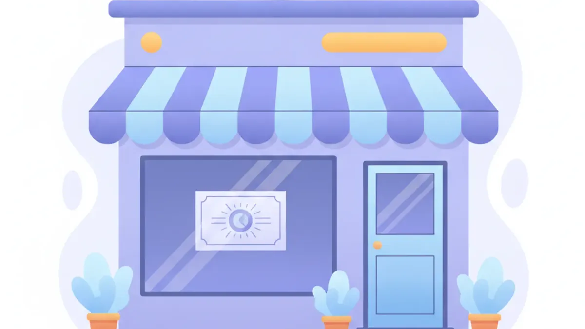 Ilustración de la fachada de un comercio con un certificado municipal en la vidriera