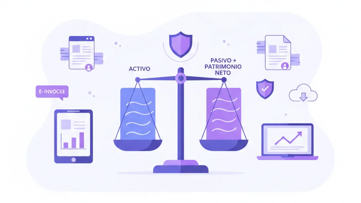Ilustración de balance contable con columnas de activo y pasivo en equilibrio, representando el patrimonio neto
