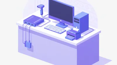 Ilustración de un mostrador con un hub USB con su propia fuente de alimentación conectando un lector, una balanza y una impresora a la PC