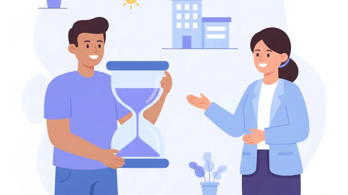Ilustración de un nuevo empleado con un reloj de arena y un supervisor