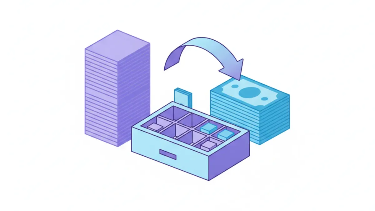 Ilustración de billetes de dos monedas distintas con una flecha de cambio y una caja registradora