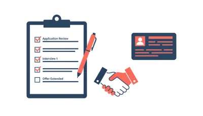 Portapapeles con lista de tareas tildadas, tarjeta de currículum y apretón de manos entre empleador y nuevo empleado