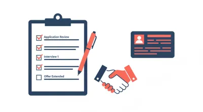 Portapapeles con lista de tareas tildadas, tarjeta de currículum y apretón de manos entre empleador y nuevo empleado