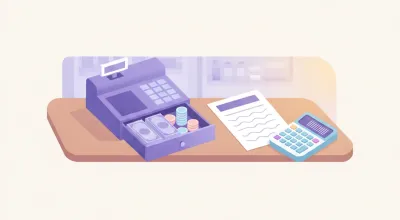 Cajón de una caja registradora abierto sobre un mostrador con billetes y monedas ordenados, una planilla impresa y una calculadora