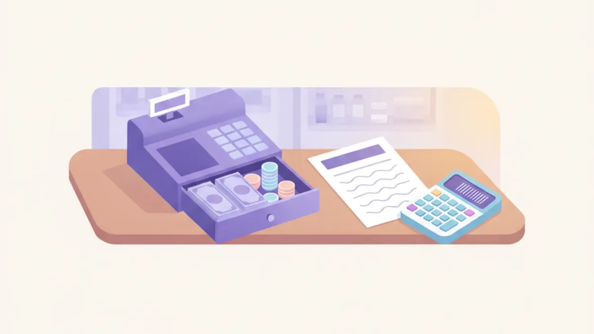 Cajón de una caja registradora abierto sobre un mostrador con billetes y monedas ordenados, una planilla impresa y una calculadora