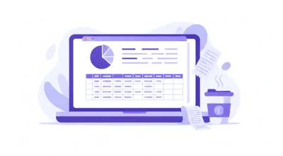 Escritorio con una notebook que muestra una planilla de gastos con un gráfico circular por categoría, tickets y una taza de café