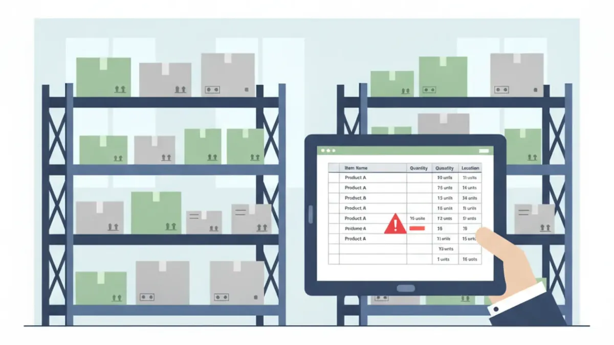 Estantes de depósito con cajas y una tablet que muestra una planilla de inventario con alerta de stock bajo