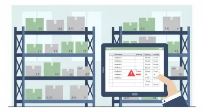 Estantes de depósito con cajas y una tablet que muestra una planilla de inventario con alerta de stock bajo
