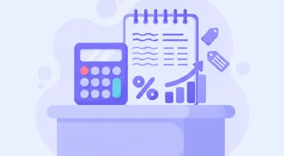 Mesa de un comercio con etiquetas de precio, una calculadora y un cuaderno con costos de productos junto a un gráfico de barras ascendente