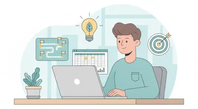 Emprendedor revisando un plan de negocios en una planilla de cálculo con hoja de ruta, lámpara y objetivo