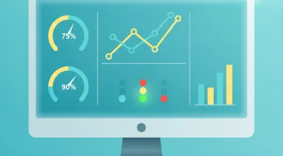 Tablero de indicadores de negocio con medidores, gráficos de líneas e indicadores tipo semáforo en un monitor