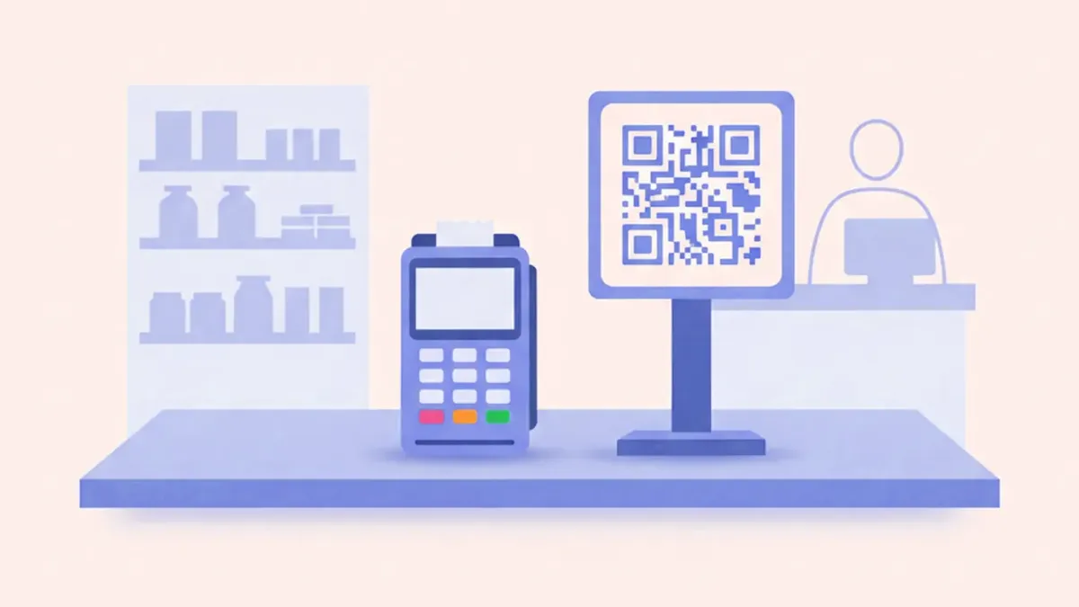 Ilustración de una terminal Point Smart y un lector Point Mini de Mercado Pago uno al lado del otro sobre el mostrador de un comercio