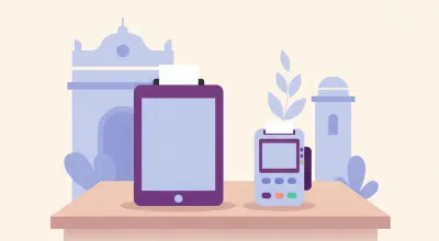 Ilustración de una terminal Point Smart y un lector Point Mini de Mercado Pago uno al lado del otro sobre el mostrador de un comercio