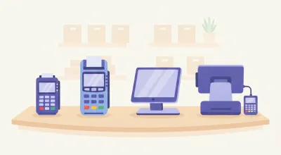 Ilustración de cuatro terminales de pago distintas alineadas sobre un mostrador, representando Point, Lapos, Clover y Payway