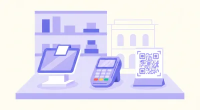Ilustración de un mostrador con una terminal Point, un posnet bancario y un cartel de código QR uno al lado del otro