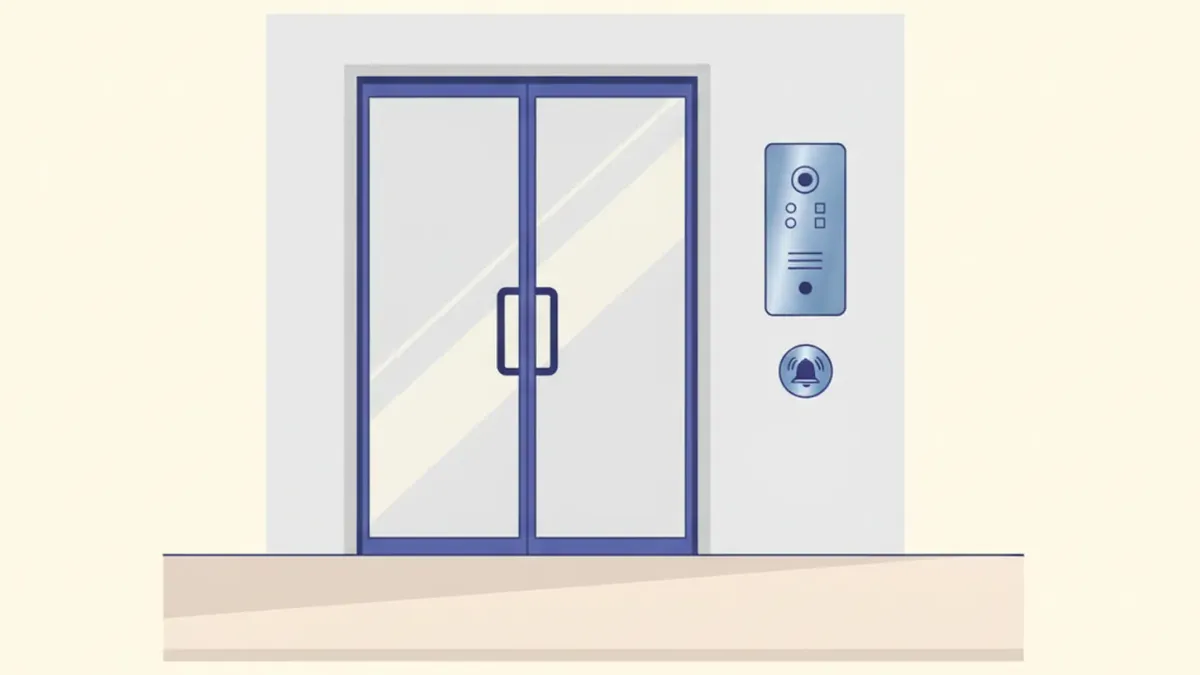 Ilustración de la puerta de un local con una placa de portero eléctrico junto al marco y un cartel de timbre
