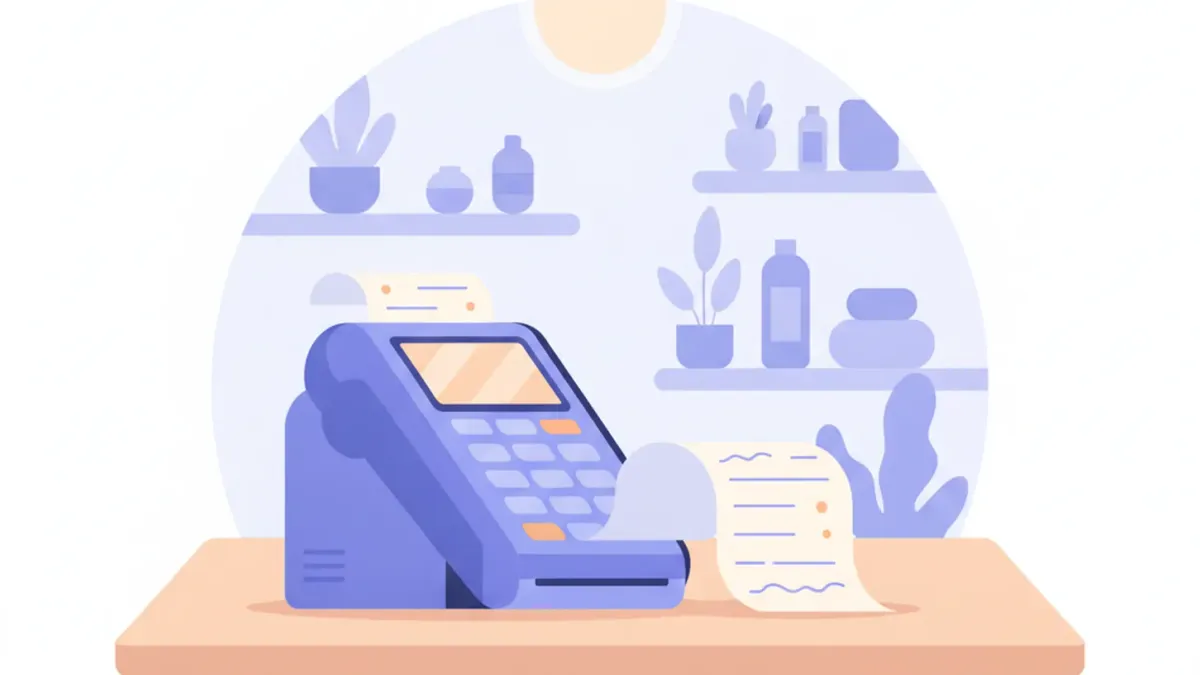 Ilustración de una terminal POS sobre un mostrador con un ticket saliendo