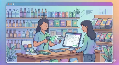 Mostrador de un maxikiosco argentino con scanner de código de barras, terminal POS, gondolas con productos variados al fondo