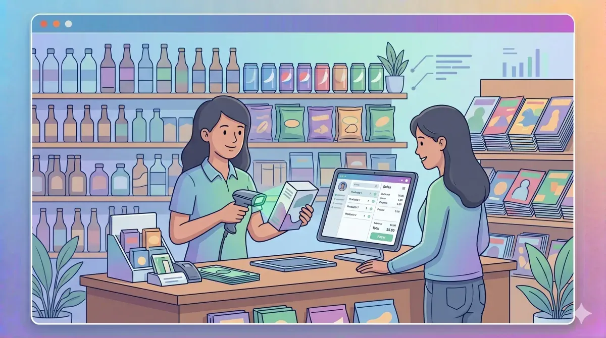 Mostrador de un maxikiosco argentino con scanner de código de barras, terminal POS, gondolas con productos variados al fondo