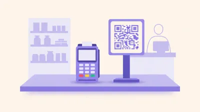 Ilustración de un mostrador de comercio con una terminal posnet y un cartel de código QR de pago uno al lado del otro