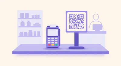 Ilustración de un mostrador de comercio con una terminal posnet y un cartel de código QR de pago uno al lado del otro