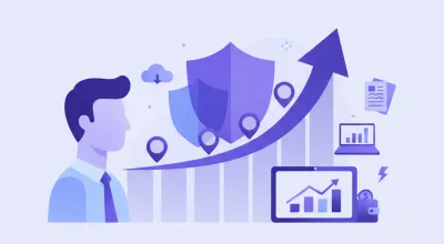 Ilustración vectorial de una escala de crecimiento salarial con íconos de calendario, trabajador y monedas en tonos violeta y azul sobre fondo claro